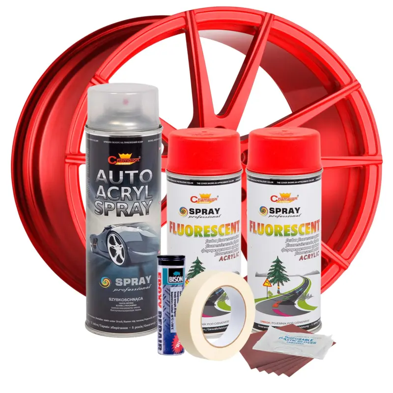 Kit complet reparatie si vopsire jante culoare rosu fluorescent, v2v