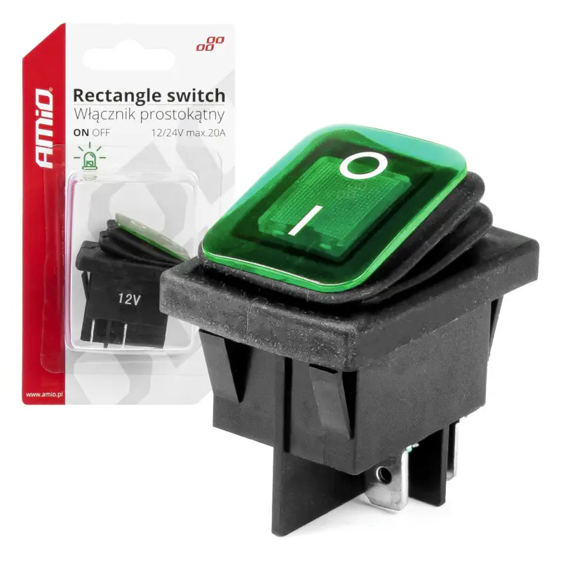 Intrerupator on/off, 12/24v, dreptunghiular, waterproof, iluminat culoare verde, destinatie auto, utilitare, off-road, atv, ssv, quad