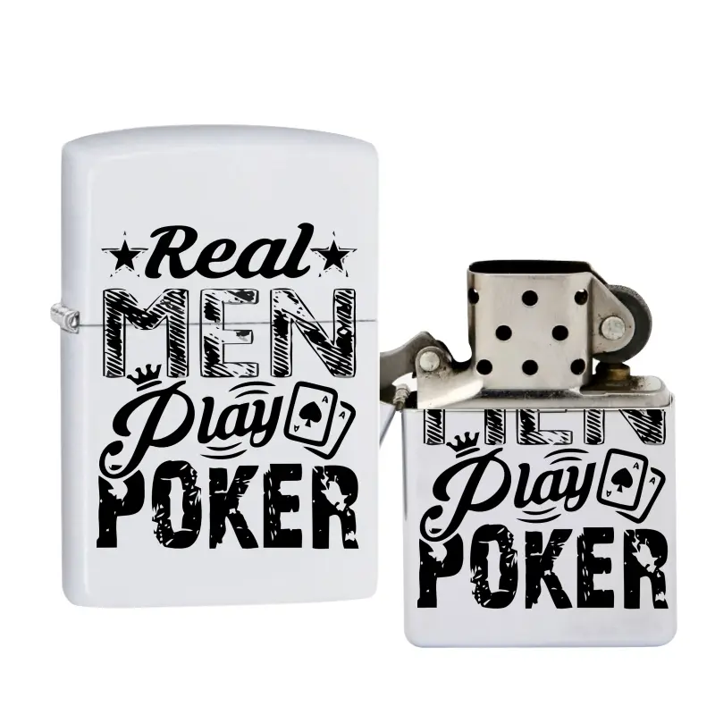 Real man play poker, bricheta metalica gravata laser cu mesaj