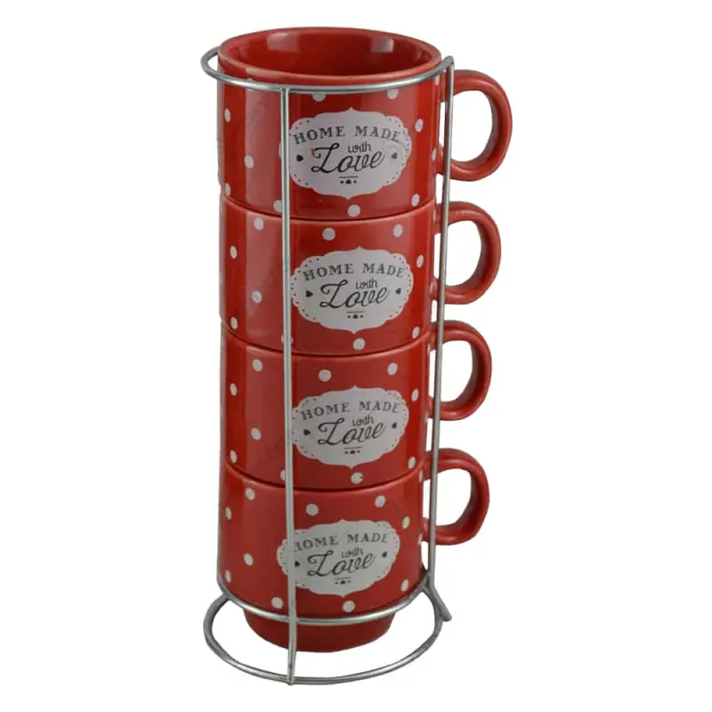 Set 4 cestii pentru cafea cu suport – design cu buline si inscriptia „home made with love”