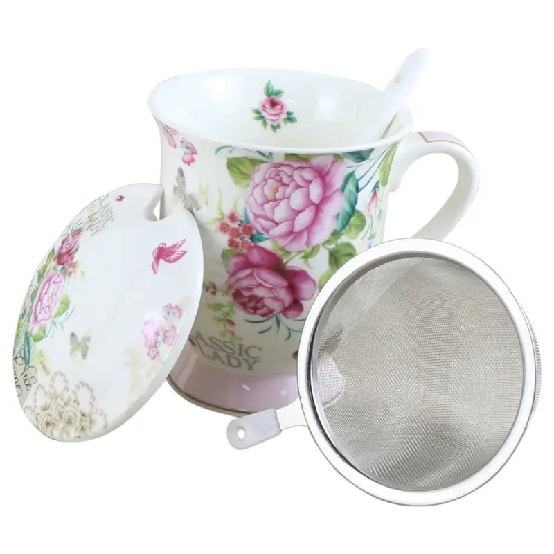 Cana ceramica cu infuzor metalic, capac si lingurita  classic ladyv