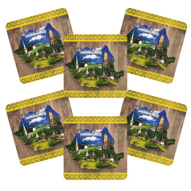 Maramures romania, set 6 suporti coster din lemn, model 013