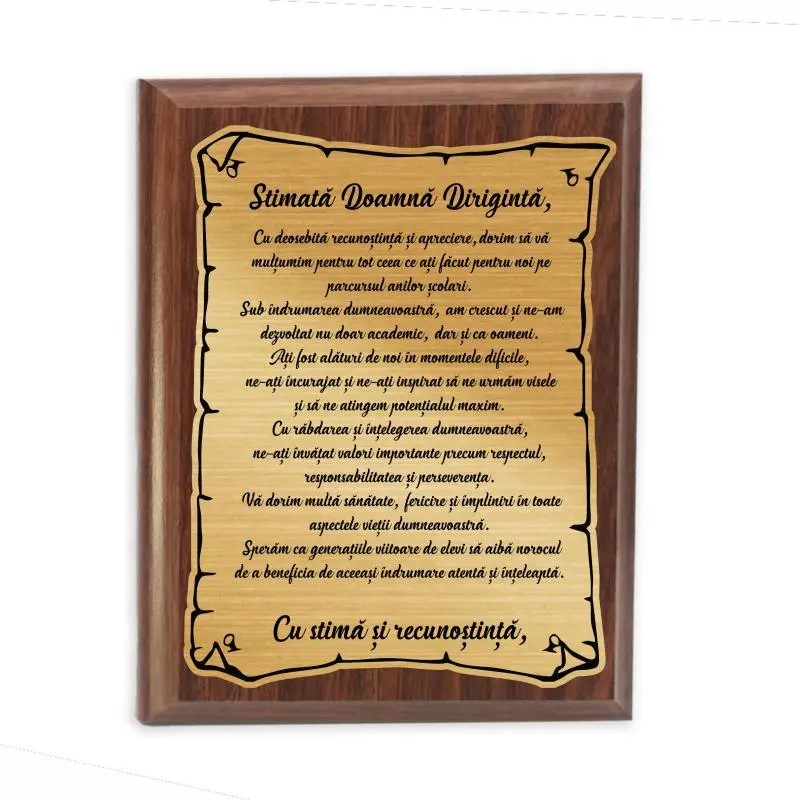 Stimata doamna diriginte, placheta lemn personalizata prin gravurav