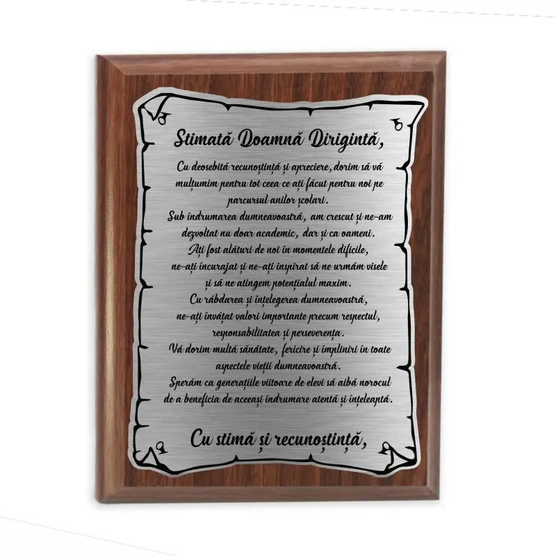 Stimata doamna diriginte, placheta lemn personalizata prin gravurav