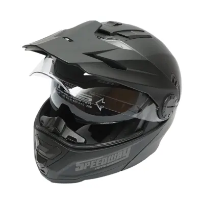 Casca motocross integrala negru mat cu viziera transparenta si ochelari de soare, marimea l, model lion