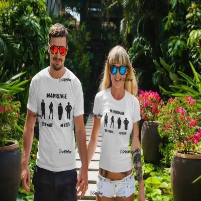 Marriage before after, tricou cu mesaj b