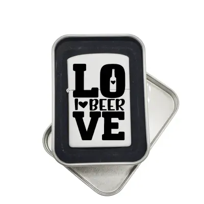 I love beer, bricheta metalica gravata laser cu mesaj