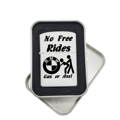 No free rides bmw, bricheta metalica gravata laser cu mesaj