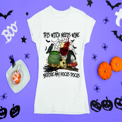 The witch needs wine before any hocus pocus, tricou cu mesaj